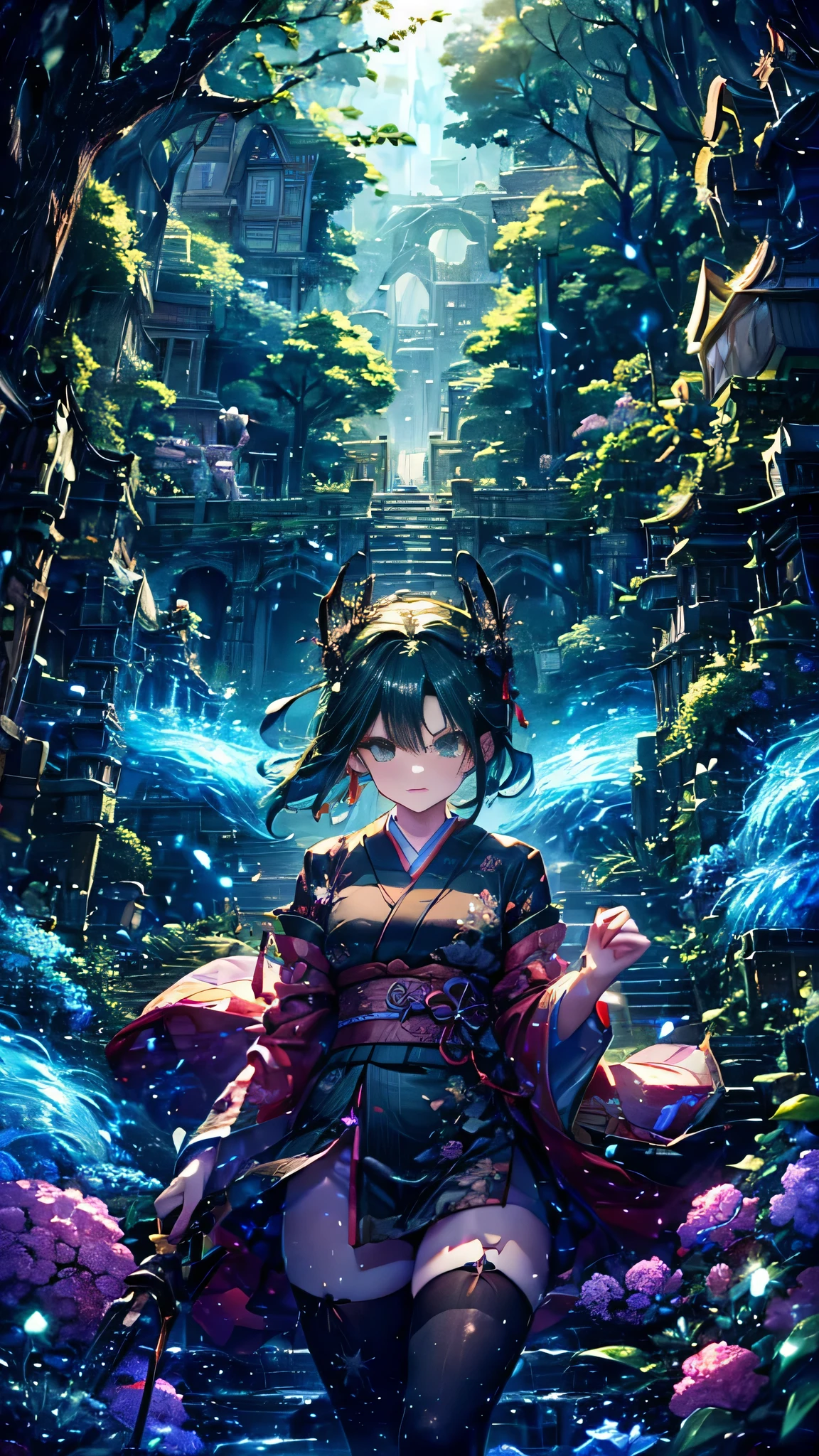 Personification of Yamata no Orochi))) (Beautiful trainee)、snake print tights、(((Japanese Goth))) (Dark green hair)、( (Fight with a sword))