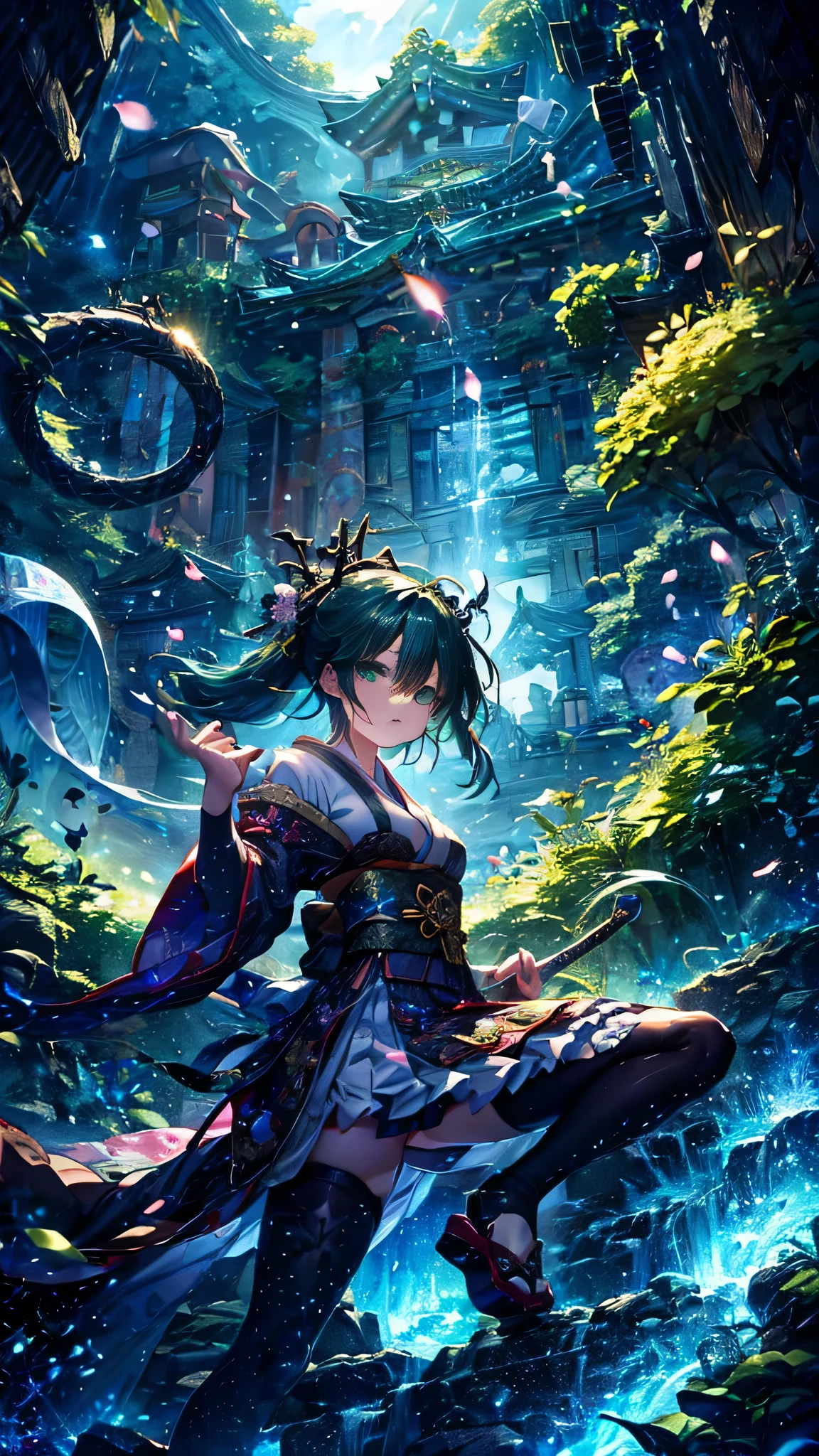 Personification of Yamata no Orochi))) (Beautiful trainee)、snake print tights、(((Japanese Goth))) (Dark green hair)、( (Fight with a sword))