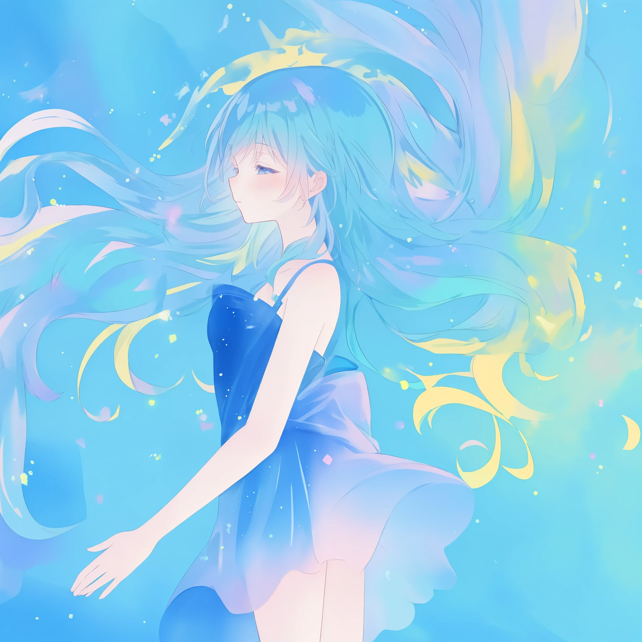 profile, beautiful anime girl in colorful liquid dress, vibrant pastel colors, (colorful), long sparkling blue gradient hair, fantasia background, whimsical, magical, fantasy, ((masterpiece, best quality)), intricate details, highly detailed, sharp focus, 8k resolution, liquid watercolor