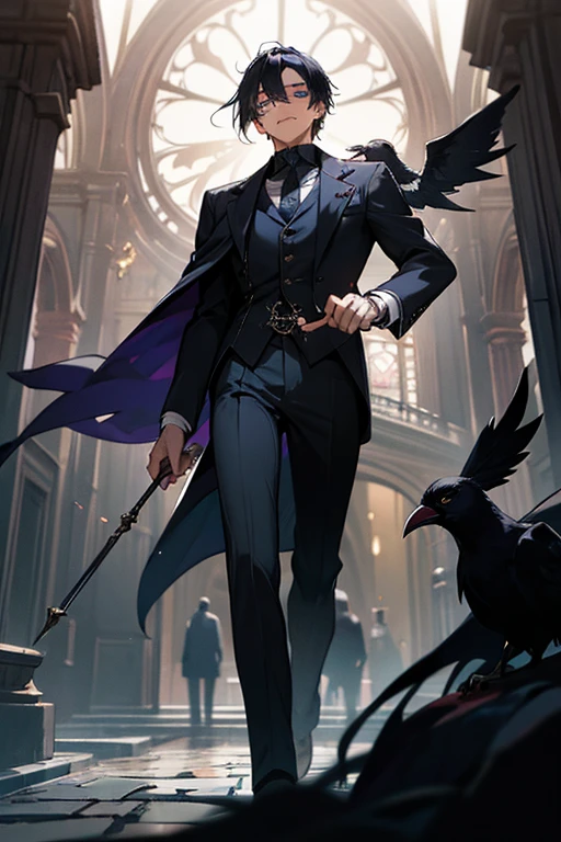 ((Best quality)), ((masterpiece)), (detailed), ((perfect face)), ((halfbody)) In the eerie twilight of a hauntingly beautiful carnival, a dashing young man with piercing blue eyes and raven hair, clad in a vintage black suit, confidently strolls along the cobblestone path. As he passes by the enigmatic booths with its that lie within the heart of this eerie wonderland. He has a pet crow on his shoulder.