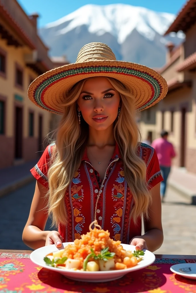 Shakira with Peruvian chullo and polo shirt from Peru eating ceviche in Cusco
