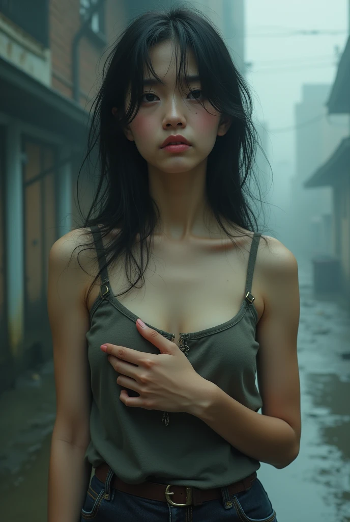 Create an image of an 18-year-old Asian girl who is homeless and lost, standing with a look of regret on her face. She has a cute and charming face. The image is full-body, with a slightly revealing outfit, and she appears youthful.