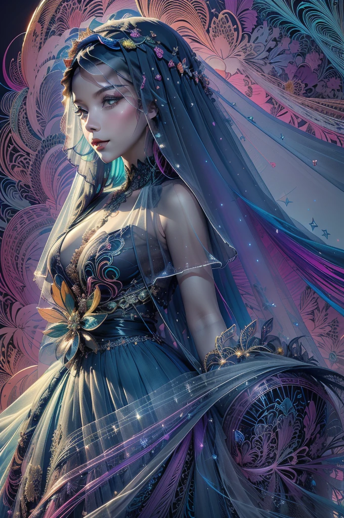 (masterpiece, top quality, best quality, official art, beautiful and aesthetic:1.2), (1girl:1.3), extremely detailed,(fractal art:1.2),colorful,highest detailed,(zentangle:1.2), (dynamic pose), (abstract background:1.5), (treditional dress:1.2), (shiny skin), (many colors:1.4)
1girl,realistic style with fantasy elements,high-definition,realistic blue and light black,charming realistic characters,shiny skin,Surrealism,detailed clothing
(((veil,colorful veil,Veil with light particle effect,glowing,dress))),