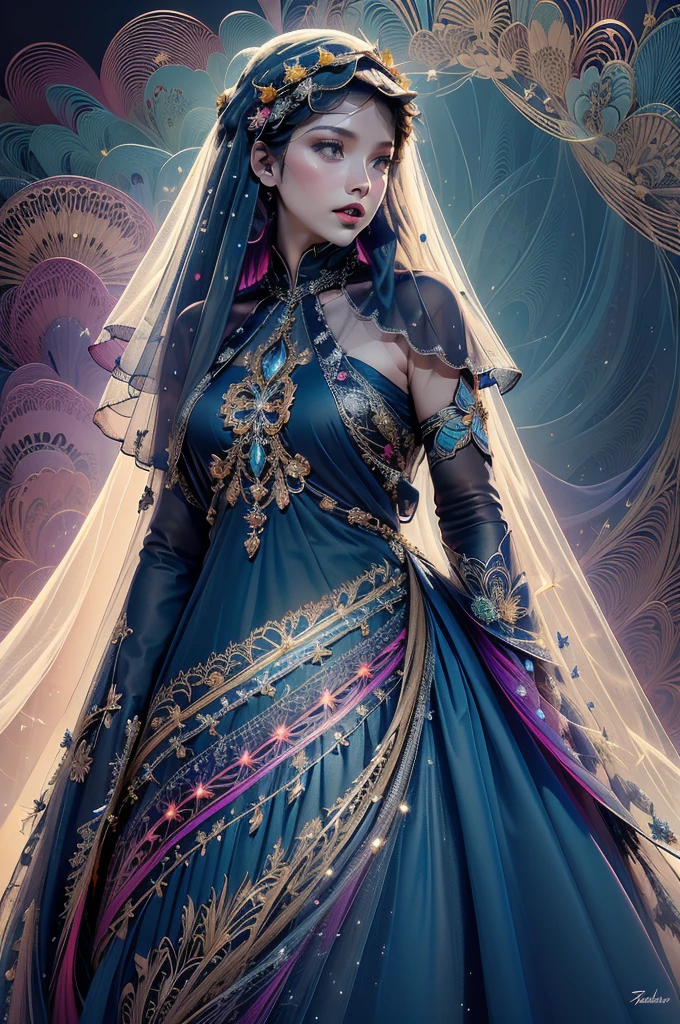 (masterpiece, top quality, best quality, official art, beautiful and aesthetic:1.2), (1girl:1.3), extremely detailed,(fractal art:1.2),colorful,highest detailed,(zentangle:1.2), (dynamic pose), (abstract background:1.5), (treditional dress:1.2), (shiny skin), (many colors:1.4)
1girl,realistic style with fantasy elements,high-definition,realistic blue and light black,charming realistic characters,shiny skin,Surrealism,detailed clothing
(((veil,colorful veil,Veil with light particle effect,glowing,dress))),