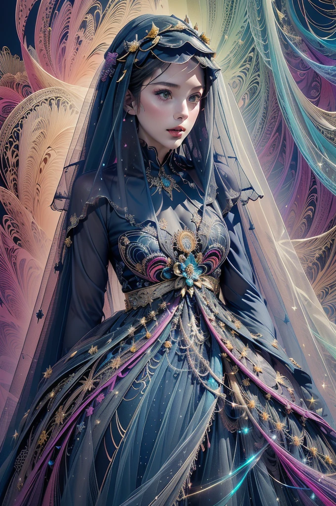 (masterpiece, top quality, best quality, official art, beautiful and aesthetic:1.2), (1girl:1.3), extremely detailed,(fractal art:1.2),colorful,highest detailed,(zentangle:1.2), (dynamic pose), (abstract background:1.5), (treditional dress:1.2), (shiny skin), (many colors:1.4)
1girl,realistic style with fantasy elements,high-definition,realistic blue and light black,charming realistic characters,shiny skin,Surrealism,detailed clothing
(((veil,colorful veil,Veil with light particle effect,glowing,dress))),