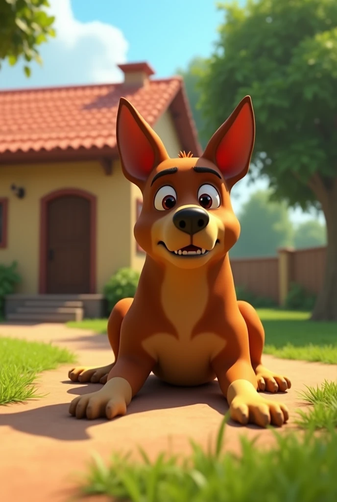 cartoon 3d animation style "Sheru lying alert outside Ramesh's house**, ears perked up as he senses danger approaching.
