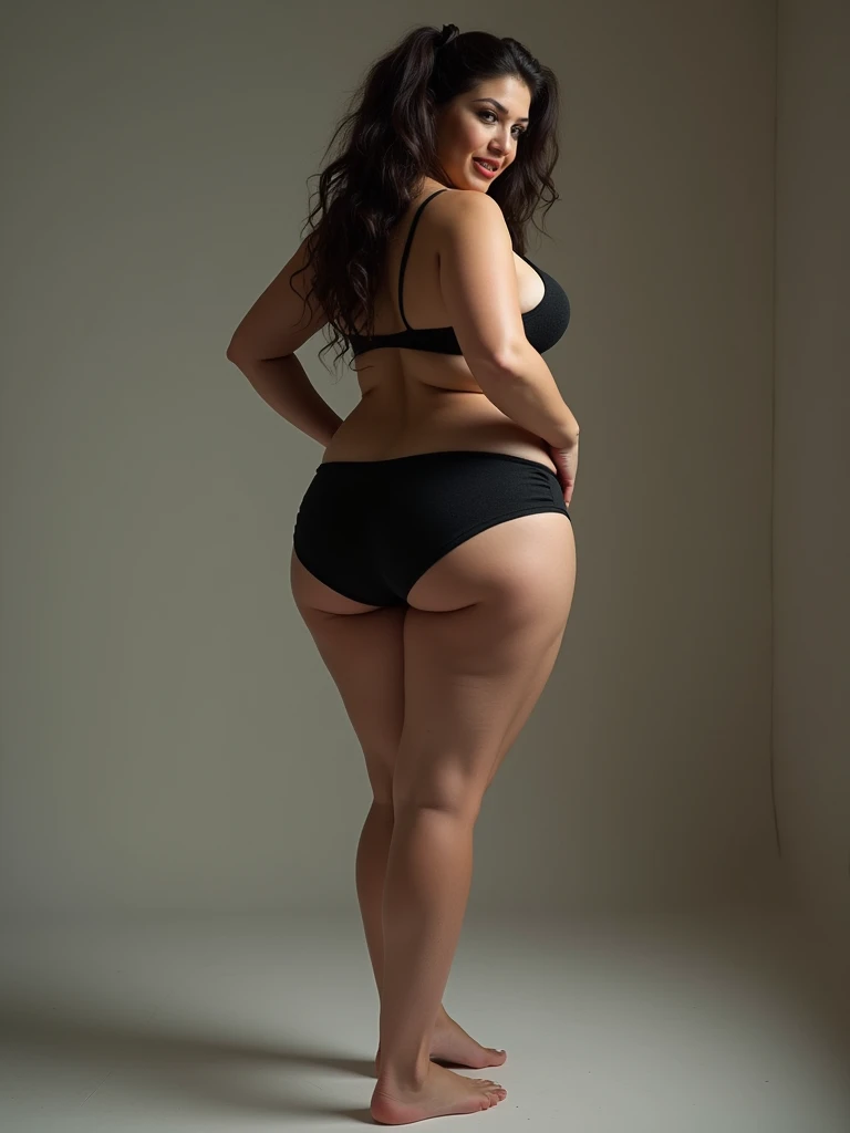 35 yo woman, from behind, barefoot, standing, leaning foward, grabbing butt, spreading anus, looking behind, micro skirt, pigtails, wide hips