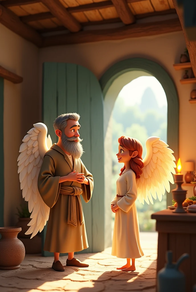 An angel talking with poor village man in old home 3d cartoon