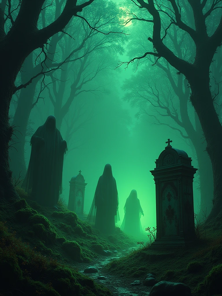 imagine a dark place with dark neon colors, this place is a forest with tombs, the colors are dark and light neon green