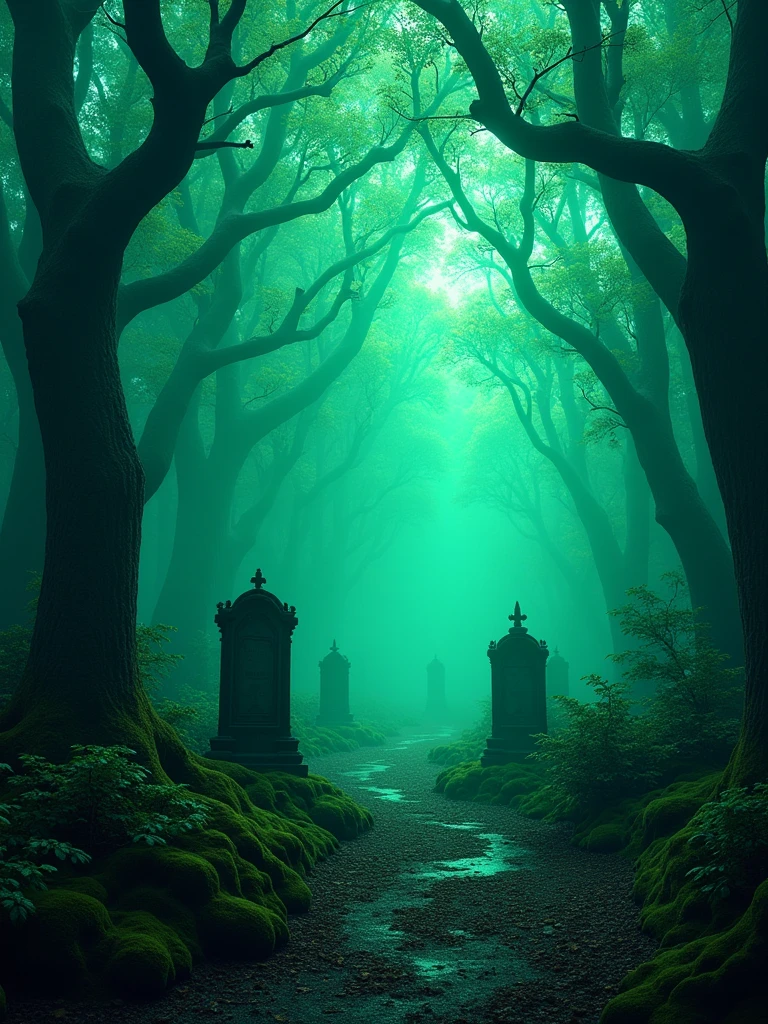 imagine a dark place with dark neon colors, this place is a forest with tombs, the colors are dark and light neon green, format: 16:09