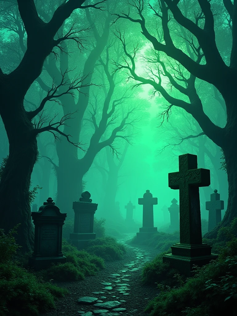 imagine a dark place with dark neon colors, this place is a forest with tombs, the colors are dark and light neon green, format: 16:09