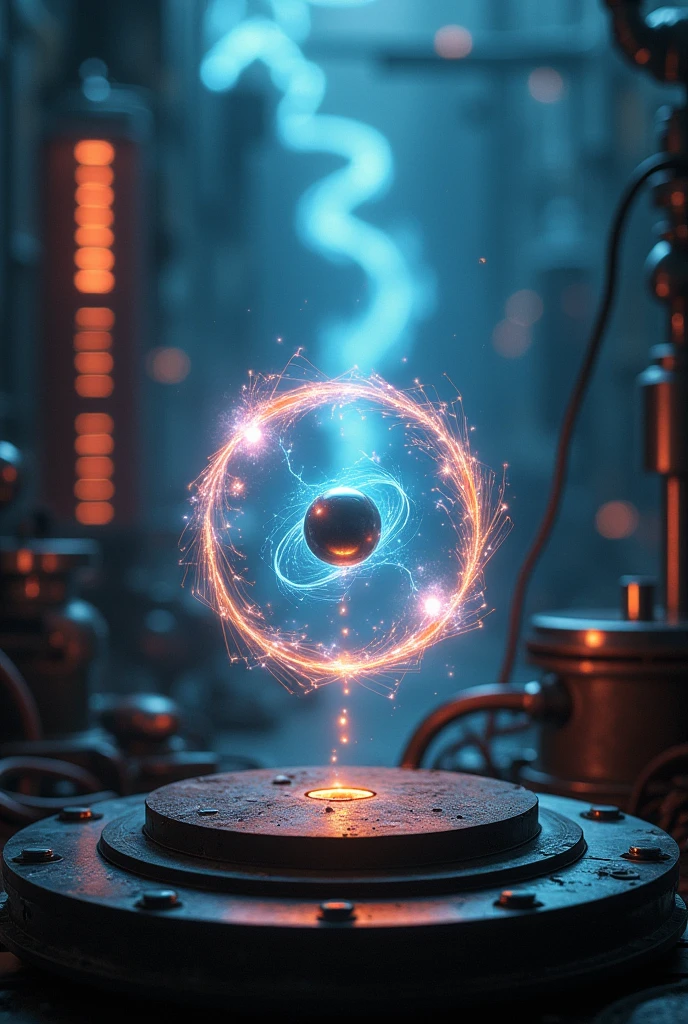Image of an electricity experiment with wires and coils, along with a representation of the electron discovered by Thomson.
