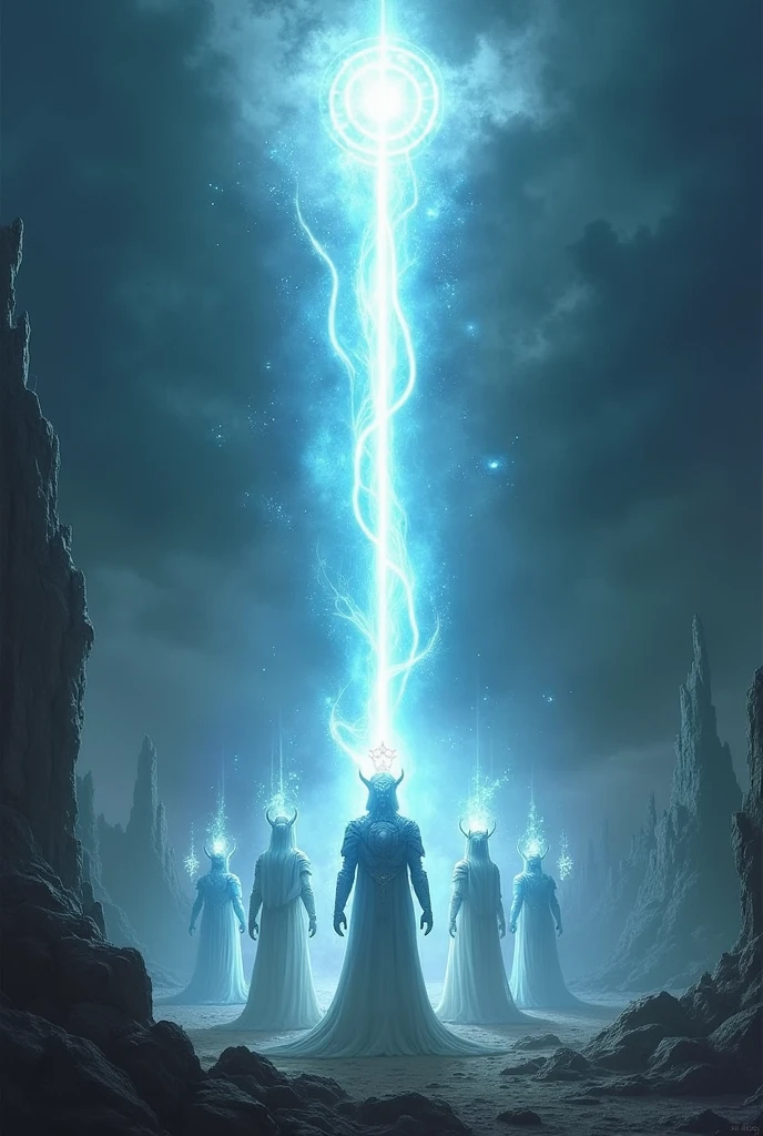 A radiant beam of light piercing through a dark, cloudy sky, revealing a divine message. In the foreground, a group of ethereal warriors of light, holding glowing weapons and mystical symbols, stand in an ancient, otherworldly landscape filled with glowing crystals and ruins. The scene is dramatic with a contrast of bright, holy light against darker, shadowy tones, emphasizing a sense of urgency and revelation. The atmosphere is mystical, powerful, and filled with a sense of sacred duty and hidden knowledge.