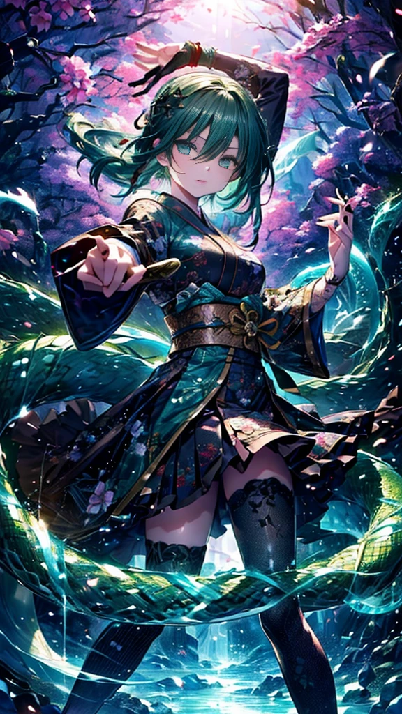 Personification of Yamata no Orochi))) (Beautiful trainee)、snake print tights、(((Japanese Goth))) (Dark green hair)、( Fight with a sword)