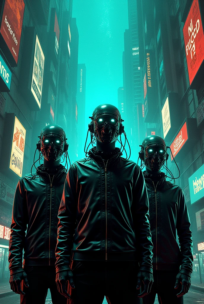This poster has a focus on advanced technology and urban chaos.. In the background, A series of screens and holograms display distorted images, bright ads, and messages encrypted in codes that fill the air with a turquoise glow. The surrounding buildings, tall and menacing, They are covered in graffiti and tangled cables. In front, The band presents itself as if it were directly connected to the city&#39;s network., with cables coming out of their black leather suits and connecting to futuristic devices. Their faces are partially covered by technological masks that emit light., and his eyes shine with an artificial intensity. The band&#39;s name appears at the top of the poster in a font that appears to be carved in metal., with sharp edges and a turquoise sheen that stands out against the dark background. The poster exudes a rebellious energy, A perfect mix of rock and technology in a cyberpunk atmosphere.