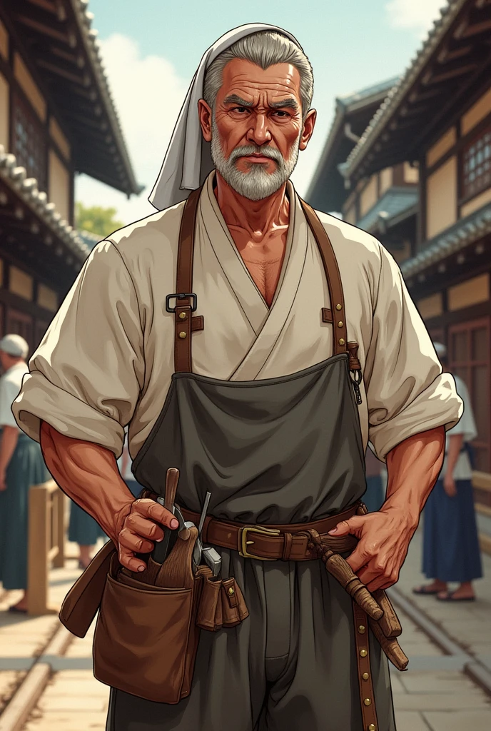 This illustration is、Stylish and bold(dashing)It depicts a Japanese master carpenter.。The master carpenter、It is reminiscent of the artisan culture of the Edo and Meiji periods.、Rin々It has a good appearance。He is middle-aged to elderly.、A solid physique、The arms are characterized by their well-trained muscles.。A stylish hand towel wrapped around the head、The sweat characteristic of a craftsman shines on his forehead,、Even that brings out his bold charm.。
The master carpenter's expression was stern,、It exudes a certain elegance and class.。There was a slight smile on his mouth.、Stay calm even in difficult situations、His confidence as a leader who leads other craftsmen is apparent.。His clothes and work clothes、Although the color is calm、High quality and well maintained、You can feel the master carpenter's attention to detail and aesthetic sense.。There is a tool bag on his waist.、There were his companions, chisels and planes.(Plane)It is carefully packed。
In the background、Old-fashioned wooden architecture、You can feel the atmosphere of the scene he is directing.。Other craftsmen at work are depicted in the distance.、The presence of the master carpenter is outstanding.。The colours are warm.、The soft natural light envelops his silhouette.。overall、The master carpenter's elegance and pride as a craftsman、And this is a beautiful illustration of leadership.。