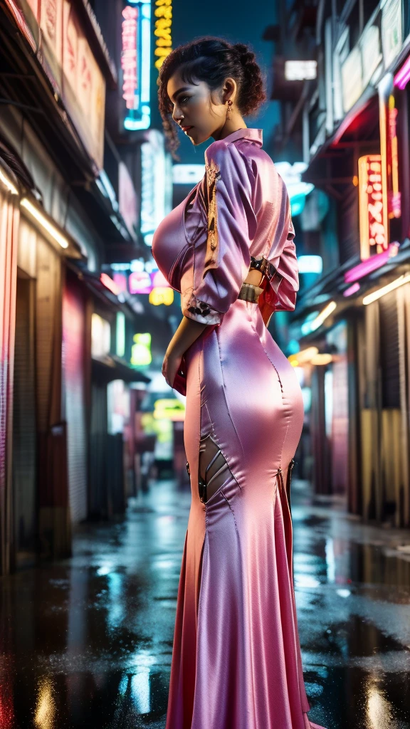 Full photo oF 25 year old European girl,beautiful woman, semi-open strawberry lip, dimples, seductive expression, (extra long smooth black hair), ((large breasts)), ((detailed Face)), ((detailed Facial Features)), (Fine detailed skin), pale skin, ((cyberpunk historical environment at night)), (color fresco), wet, wet, reFlection, (masterpiecePhotographed with Canon EOS R5 (detail) (realistic photos) (Detailed details) 50mm lens, F/2.8, HDR, (8k) (wallpaper) (cinematic lighting) (dramatic lighting) (sharp focus) (Complex), RAW photography, RAW photography, gigachad photography, camera pose, ((pink satin slit gown)), rear arm, 8k uhd, DSLR, high quality, grain film, Fujifilm XT3, Stock photo of Kodak Portra 400 F1 4 film camera.6 lenses Rich colors Ultra-realistic textures Spectacular lighting Unreal Engine Art Station Trends Cinestill 800 Tungsten, tough boy style, ultra focused face, intimidating, smiling, back position, short and smooth hair, muscles, burst veins, rosario, (( pink satin gown details )),