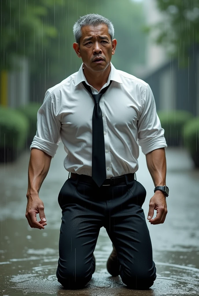 Gentleman asian,tight chest muscles, super tight shirt, super tight pants, bulging crotch,wet body, Transparent see through white shirt, pull off shirt,(1 Adult male),A high resolution, Sharp focus,((Complicated details)), highly detailed,Multi-view upper body,Suit pants view, 1 man,is shy,Pee on the legs,pissing,Urine runs down the thighs,embarressed,exhilarated,is shocked,panicking,worry,A small puddle of their own urine forms around the feet,kneels on the ground,Very eager to pee,It's uncomfortable,Wet yourself,Urine discharge, Sweaty crotch,Drenched,rain,The shirt is soaked,(A gesture of pleading),look at viewer , Short gray hair,white shirt,Wear a tie,Wear a belt,Black suit trousers,perspire,look from down