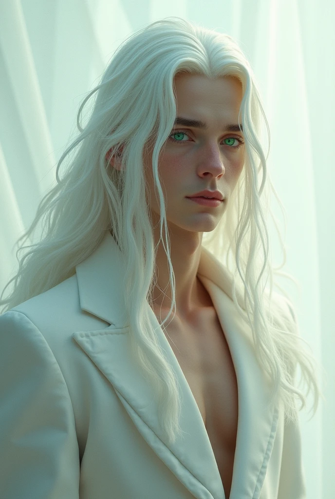 Boy long white hair, green eyes, high, White skin, well-built