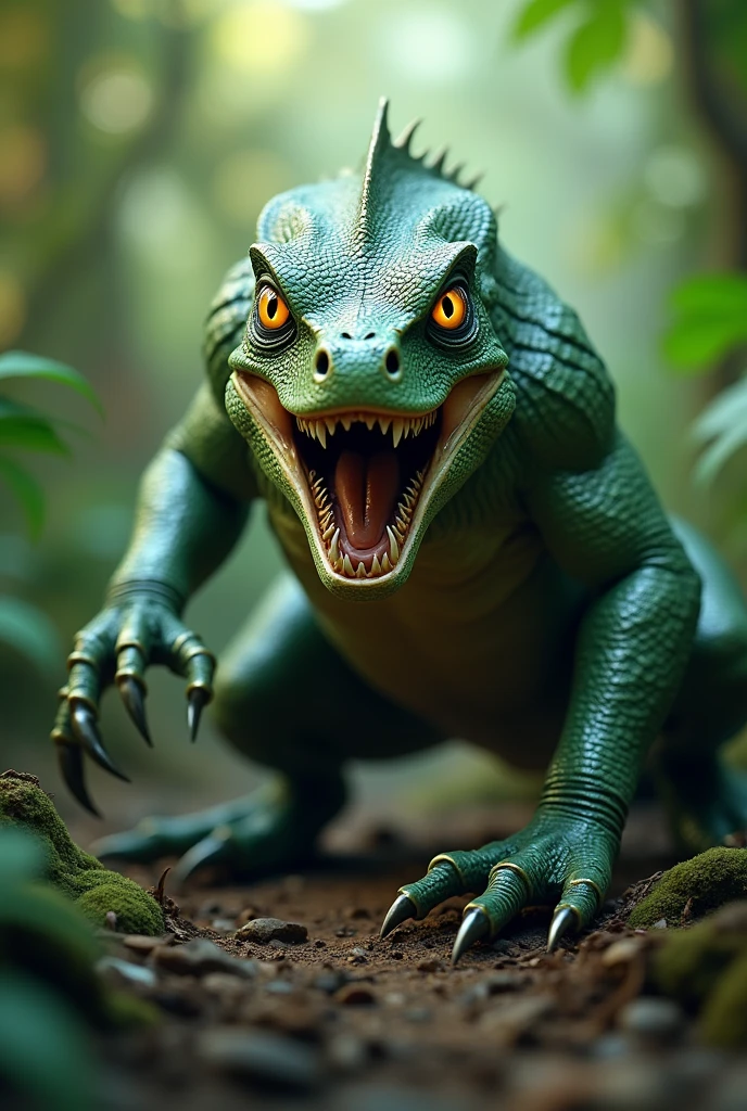 a lizard humanoid creature, detailed reptilian face with scales, glowing yellow eyes, sharp fangs, long clawed hands, muscular lizard-like body, crouching dynamic pose, jungle foliage background, (best quality,4k,8k,highres,masterpiece:1.2),ultra-detailed,(realistic,photorealistic,photo-realistic:1.37),concept art, fantasy, cinematic lighting, dramatic shadows, vibrant colors