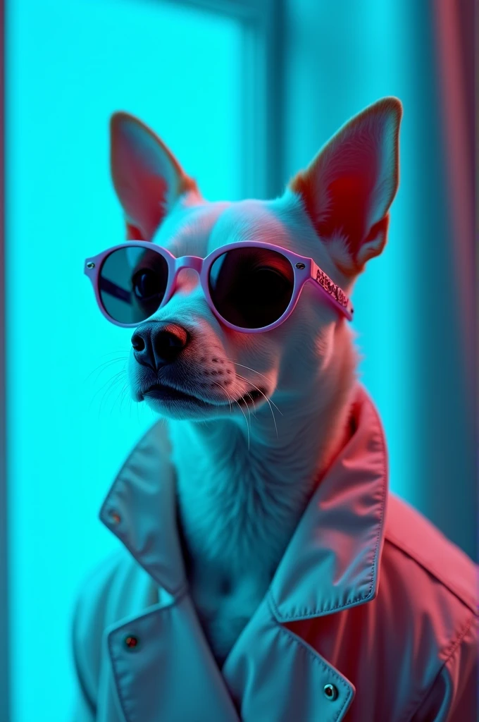 The best cell phone wallpaper, Award-Winning Wallpaper, portrait photography, In the front view is a portrait of a cute dog wearing mid-1960s space age fashion, Side view photo, Shot with Canon EOS R5, Set a strong contrast that accentuates the subject, Fluorescent blue tone, Wearing a very modern coat and sunglasses is a modern 1960s style, Clothes all in one color, beautiful background