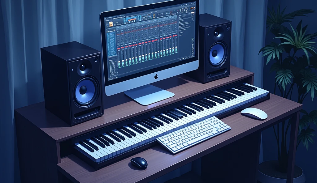 white Emotional computer speaker Aerial view of keyboard and mouse piano roll Fader mixer night An illustration Anime Style