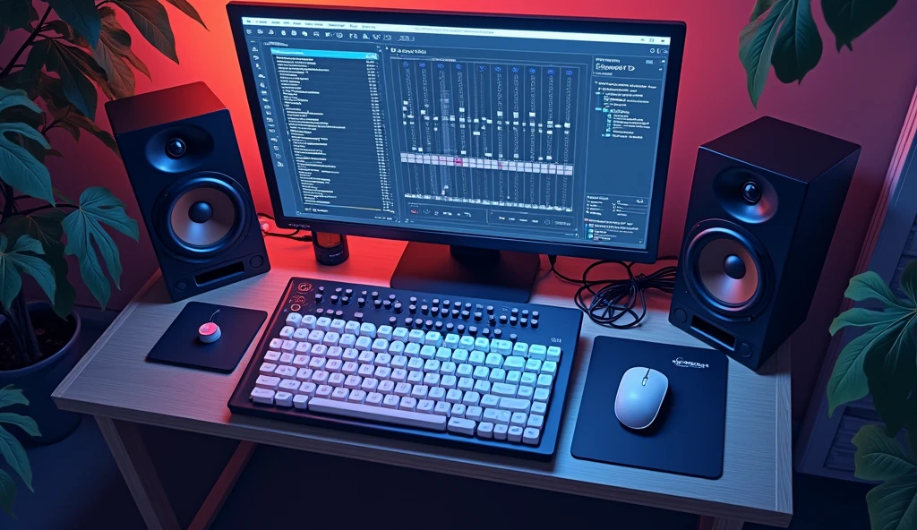 white Emotional computer speaker Aerial view of keyboard and mouse piano roll Fader mixer night An illustration Anime Style