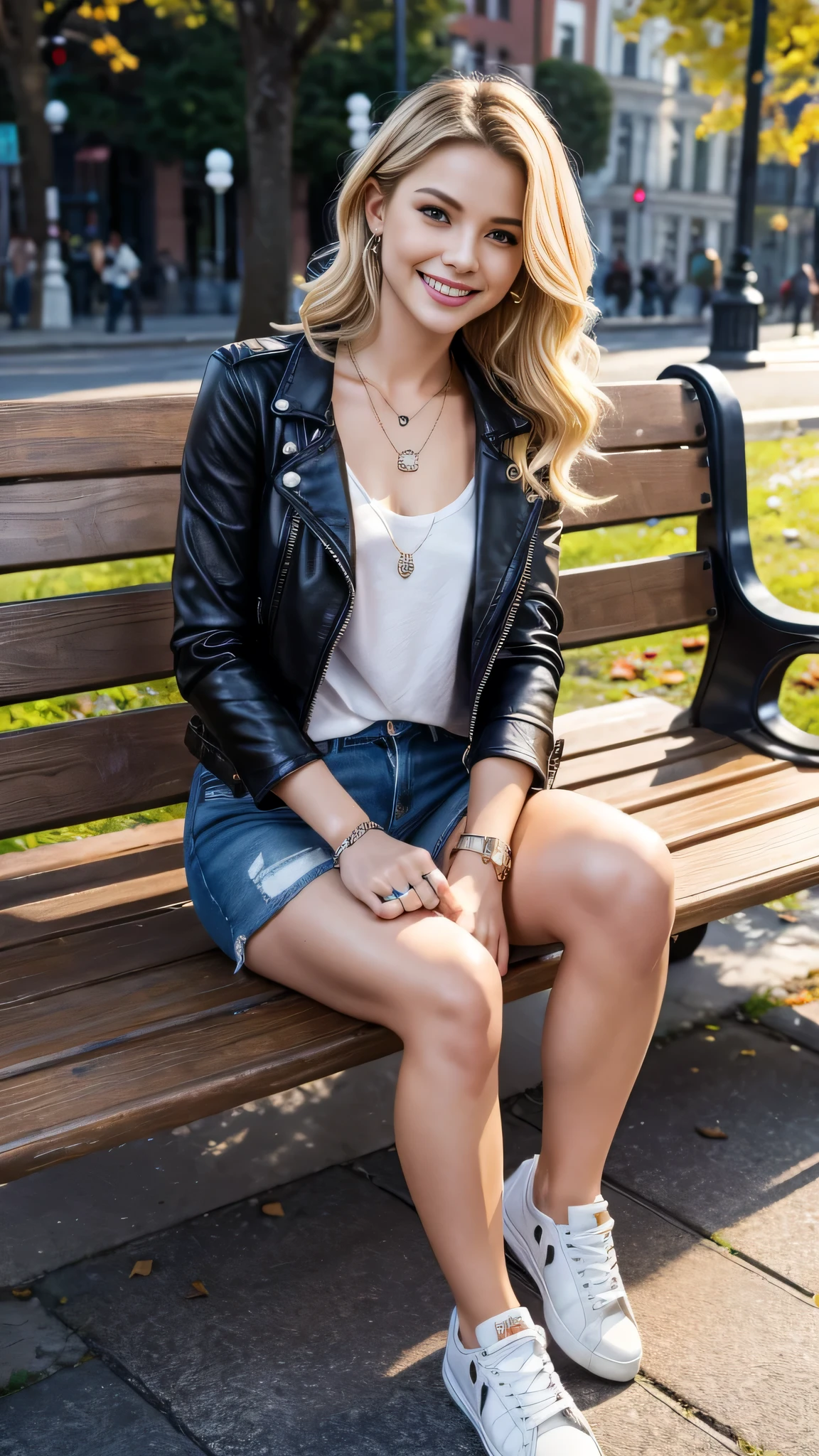 Super Resolution、Beautiful Russian Women、Full body photo、sitting on a park bench、Short Haircut、Blonde Hair、Wavy Hair、Ear piercing、necklace、leather jacket、shirt、Skinny jeans、sneakers、smile、Beautiful teeth alignment