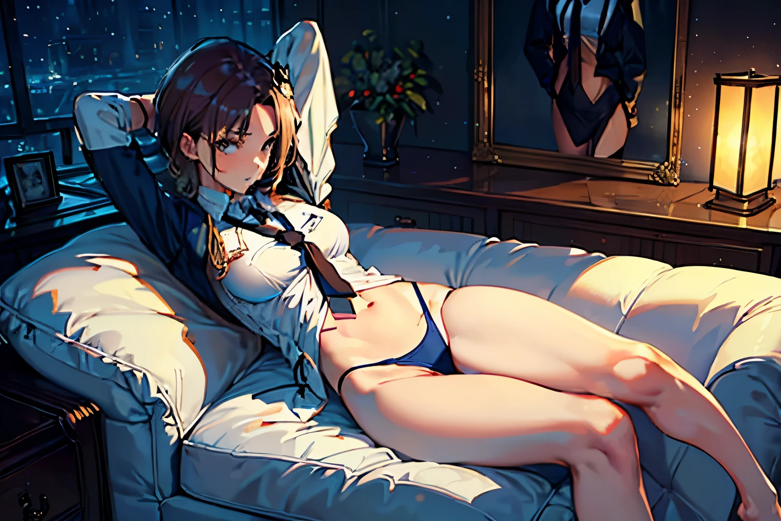 masterpiece,(Perfect Anatomy:1.5), highest quality, 1 lady , slender, leggy, Seductive, brown hair, (wear a white long sleeved shirt, tie, navy officer winter jacket:1.5), white bikini pantie , barefoot, Perfect hands, Perfect body, reclining, lying on a sofa, leg up , looking away, ((Exquisite detail)), Very finely crafted fingers(((10 fingers))), (full body showcase), (Show your whole body), (no background), (No logo) , high resolution, parted lips, belly button, feet up, arms behind head