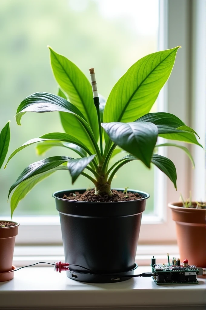 Draw a plant in a pot connected to a sensor that measures soil moisture. The sensor is connected to a microcontroller (like an Arduino) that can activate a water pump when the soil is dry. Label the parts: sensor, microcontroller, and water pump.
