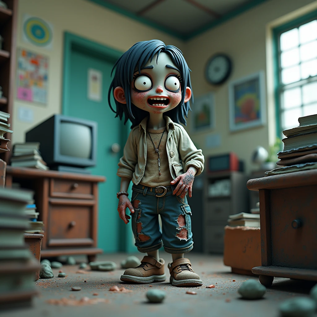 Une Zombie Bibliothécaire Habillé Vêtements Civil Post ApocaLyptique en Argile Animée, Intèrieur Bureaux Japonais en Pate á Modelé. Ordinateur, Argile Lisse. Diorama. Scène de Vie. Dark Cartoon. Plastique Fondue. Couleurs Néon Acidulées. 