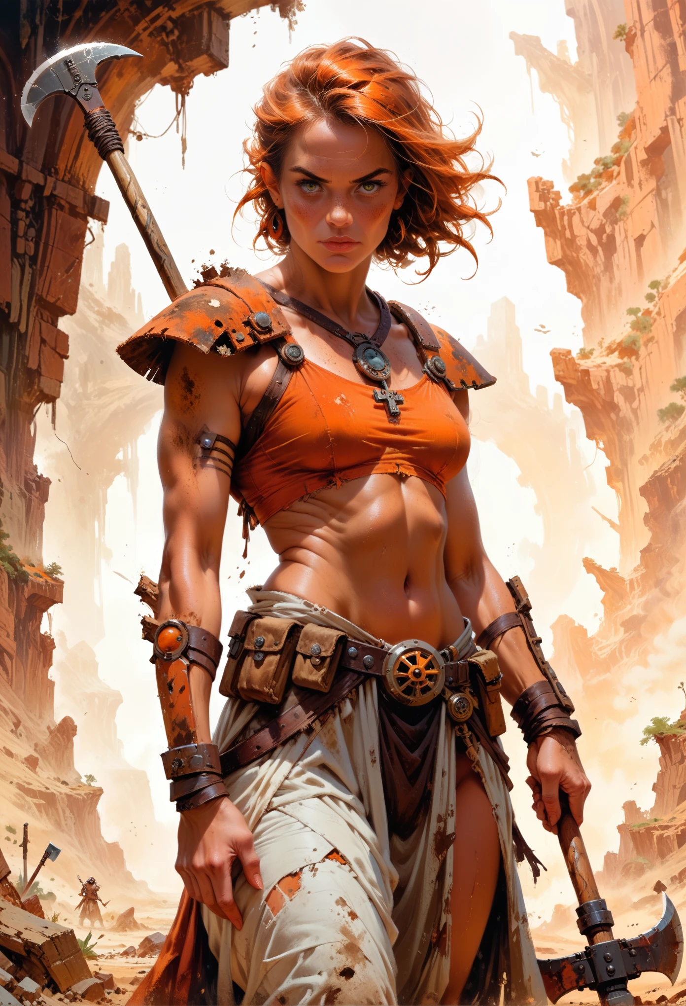 axe-spire dusty brown orange woman standing on the edge of horizon looking at the viewer, sci fi art style of the masters,