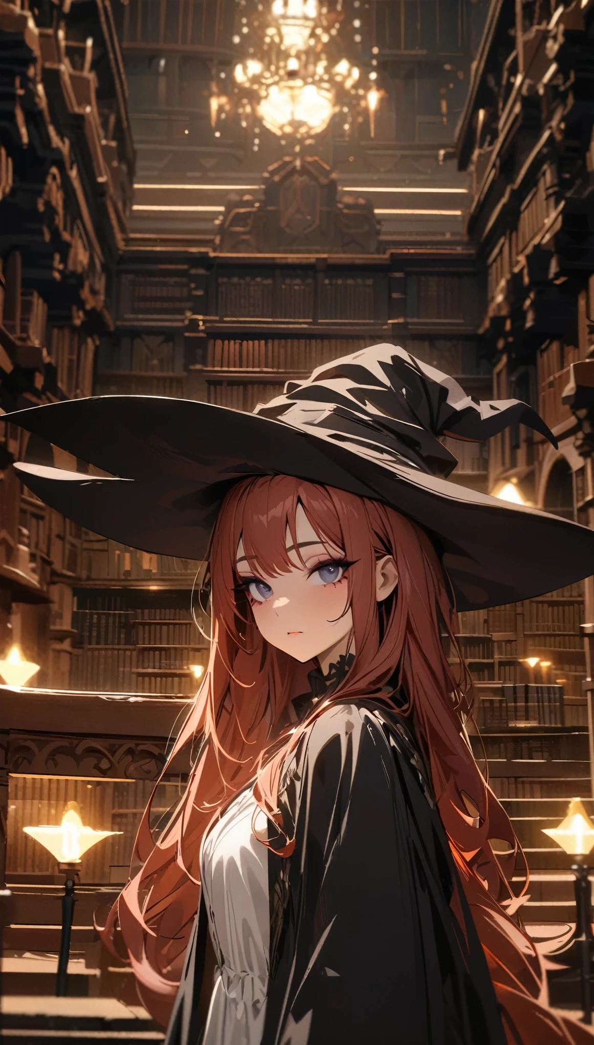 (absurd, high resolution, Extremely detailed), masterpiece, Perfect analysis, Very detailed, Super details, Delicate face, Eyeshadow, reddish hair,Long hair, Library scenery, Black robe, Witch Hat, Depth of Field, Movie Lighting, high resolution, high quality