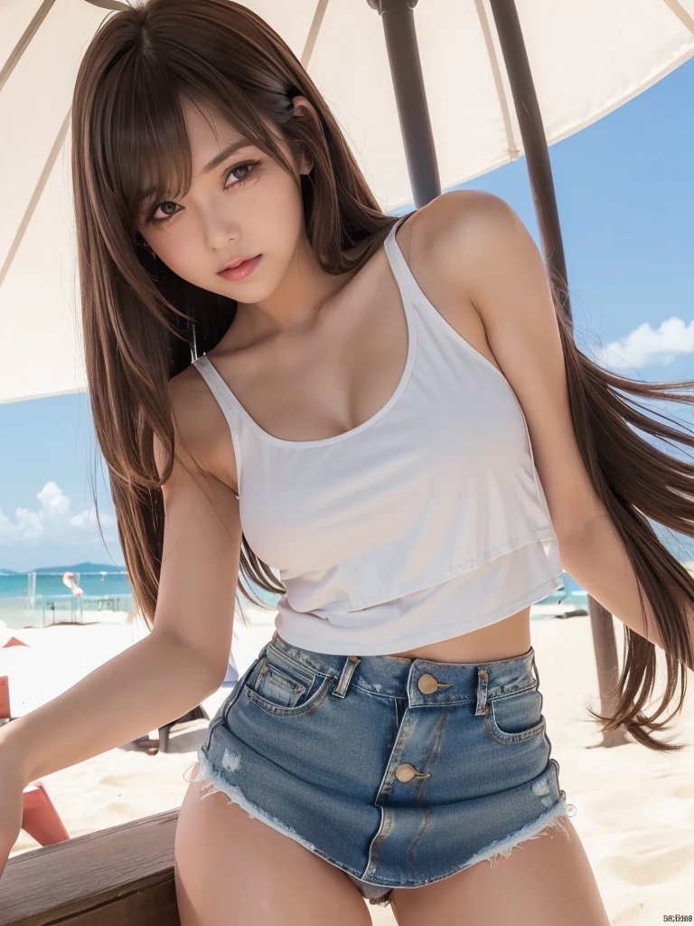 masterpiece,Highest quality,1 girl,Cowboy Shot,Front view,Young and cute Japanese,A small smile,((Stylish beach shade:1.5)),((Stylish and sexy white tank top:1.5)),wear,((Ultra short micro denim mini skirt:1.5)),wear,No underwear,Very cute face,Glossy Lips,Double eyelids on both eyes,(Natural Makeup),Fluttering in the wind,Glossy and smooth((Light brown long hair:1.5)),Asymmetrical bangs,Center image,8k resolution,Attention to detail,Detailed hairstyle,Detailed face,Cinema Lighting,Octane Rendering,Ultra-realistic,Perfect limbs,Beautiful legs,Voluptuous thighs,Huge breasts,(Glowing Skin,Sweaty:1.3)Perfect Anatomy,Spread your legs,((Provocative dynamic pose:1.5)),Skirt flip(no panties:1.5),nsfw,(spread pussy:1.5)
