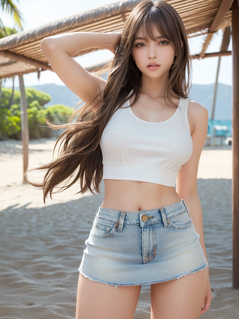 masterpiece,Highest quality,1 girl,Cowboy Shot,Front view,Young and cute Japanese,A small smile,((Stylish beach shade:1.5)),((Stylish and sexy white tank top:1.5)),wear,((Ultra short micro denim mini skirt:1.5)),wear,No underwear,Very cute face,Glossy Lips,Double eyelids on both eyes,(Natural Makeup),Fluttering in the wind,Glossy and smooth((Light brown long hair:1.5)),Asymmetrical bangs,Center image,8k resolution,Attention to detail,Detailed hairstyle,Detailed face,Cinema Lighting,Octane Rendering,Ultra-realistic,Perfect limbs,Beautiful legs,Voluptuous thighs,Huge breasts,(Glowing Skin,Sweaty:1.3)Perfect Anatomy,Spread your legs,((Provocative dynamic pose:1.5)),Skirt flip(no panties:1.5),nsfw,(spread pussy:1.5)
