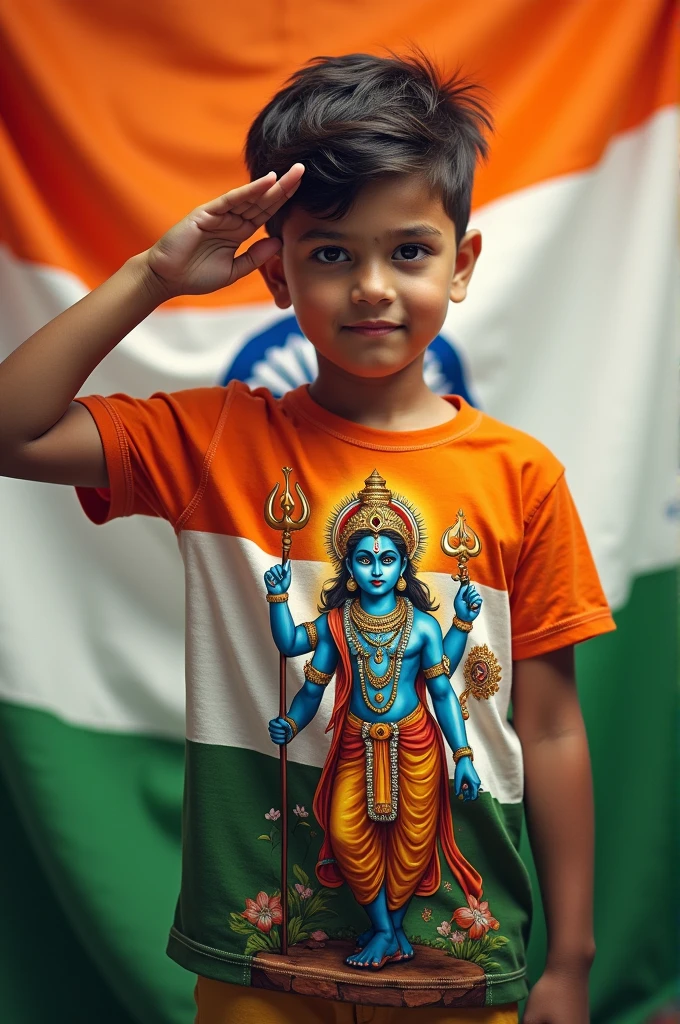 ((best quality)), ((masterpiece)), (detailed), perfect face
An adult boy saluting indian flag , but that boy is wearing a t-shirt jursey naming Vishnu 