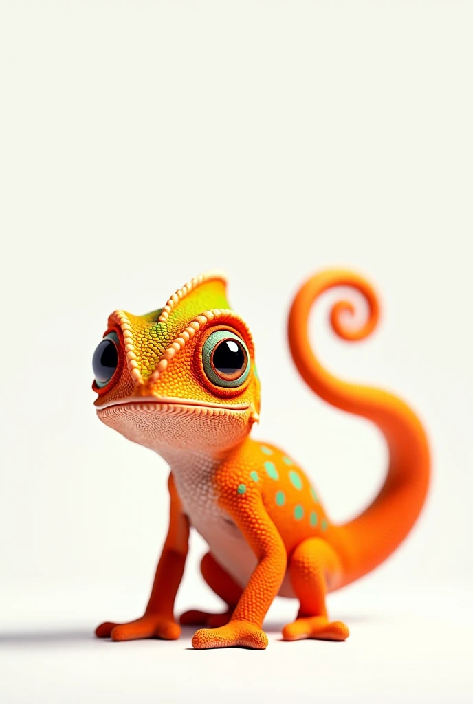 An orange chameleon with small green details with a very LARGE TAIL, standing and looking friendly. and that it is male on a white background