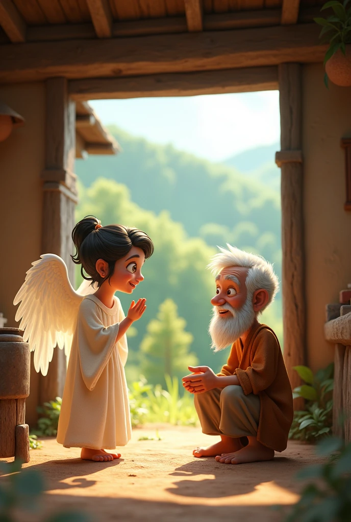 An angel talking with poor village man in old home 3d cartoon