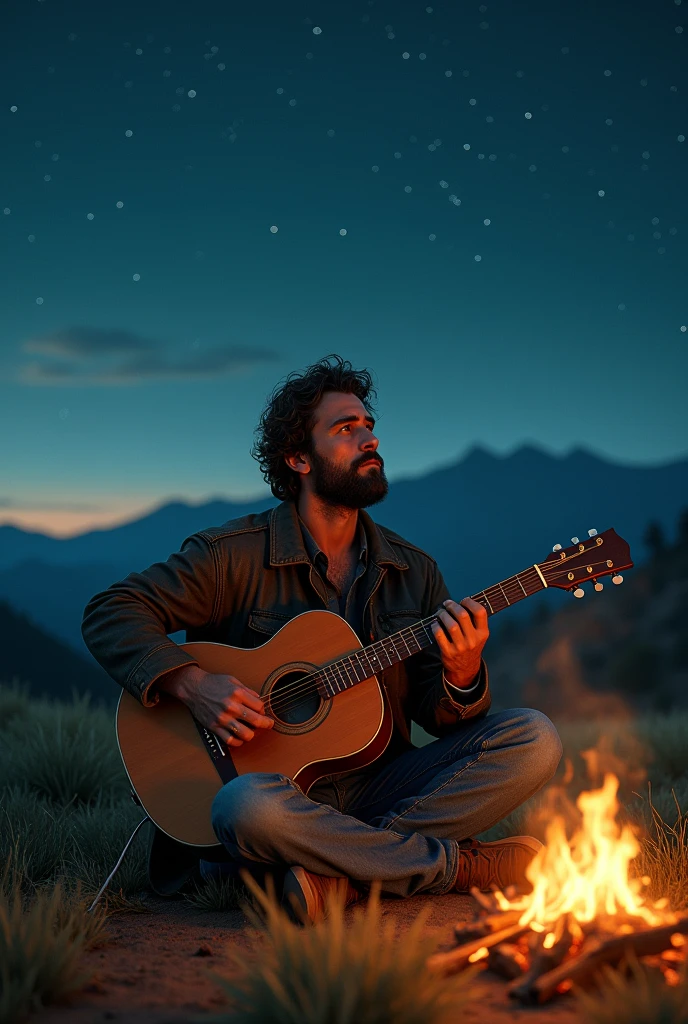 Man with a guitar looking at the stars