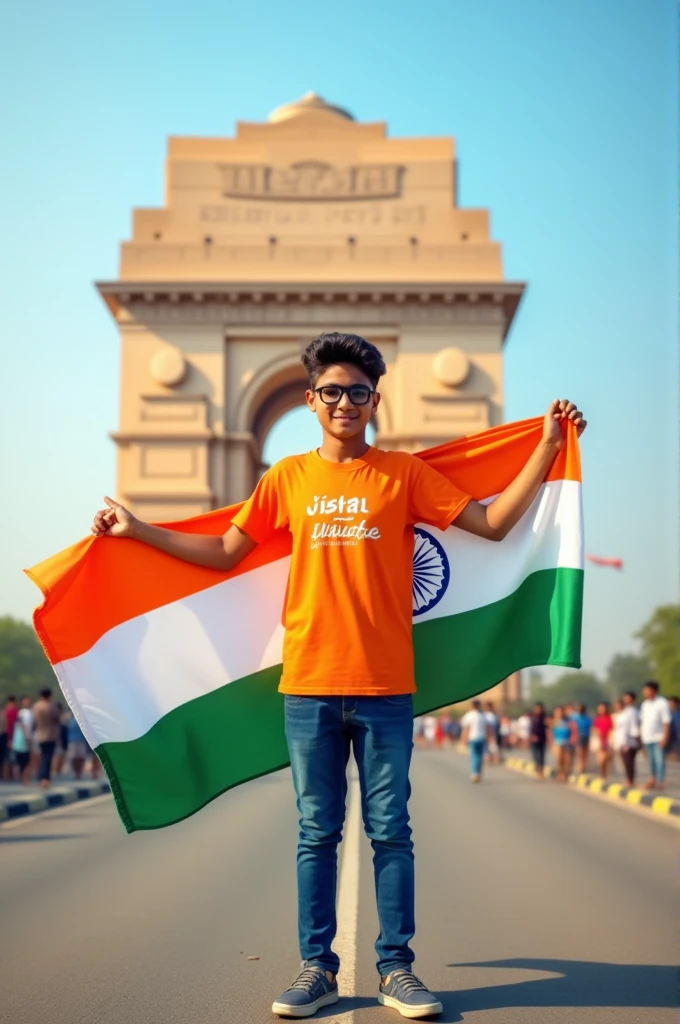 A real 20 years old boy, Wearing Orange T shirt blue jeans sneakers and the name "Vishal both Sintu" is written on his t-shirt and the boy is standing on the road with holding a national flag of India, and behind him is the India gate Delhi. And "Happy Independence Day 2024" written at above sky Create Realistic image high quality.