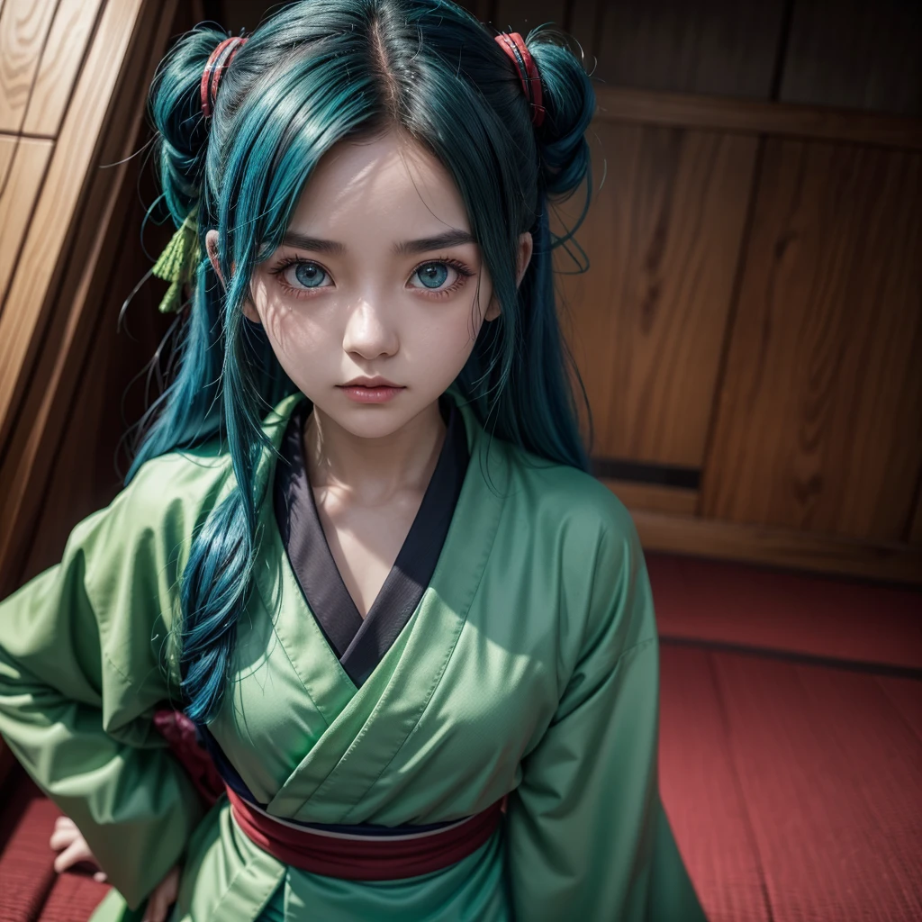 Screenshot of Kimetsu no Yaiba A girl with blue hair. green and very bright eyes. Formed body. She wears a hunter uniform with a skirt and a large blood-red kimono.