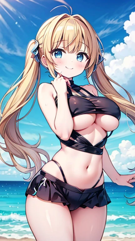 masterpiece,highest quality,Valley Haze,cute,beautiful hair,beautiful bust,beautiful hips,hot limit costume,Healthy bare skin,big breasts,well-shaped chest,Sea stage,sing with a smile,１girl girl,twintailshair,cute,coastal,Midsummer blue sky,enjoy,