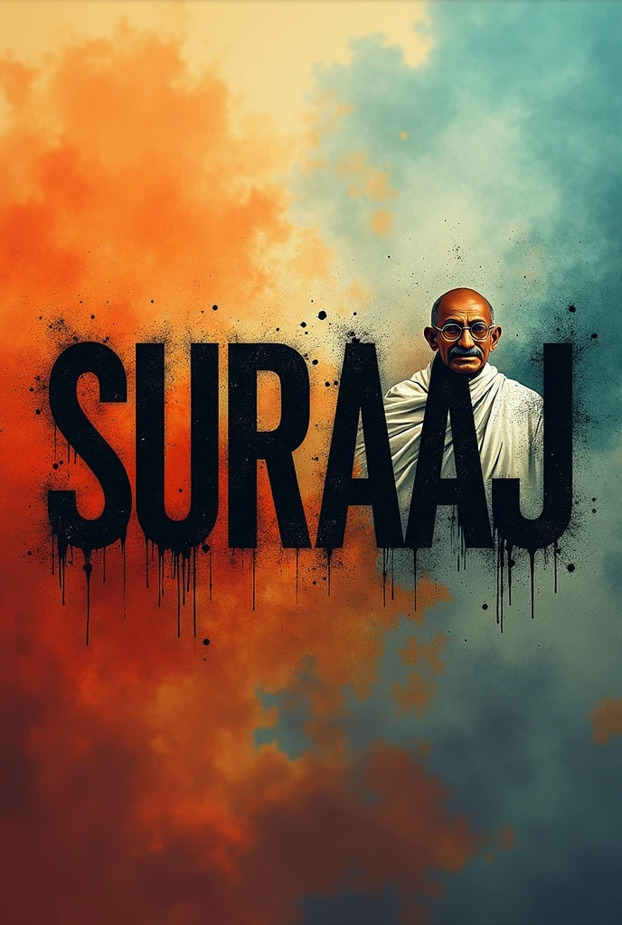 ' Suraaaj ' name black bold letter display image, mix colour background, right side mahatma gandhi