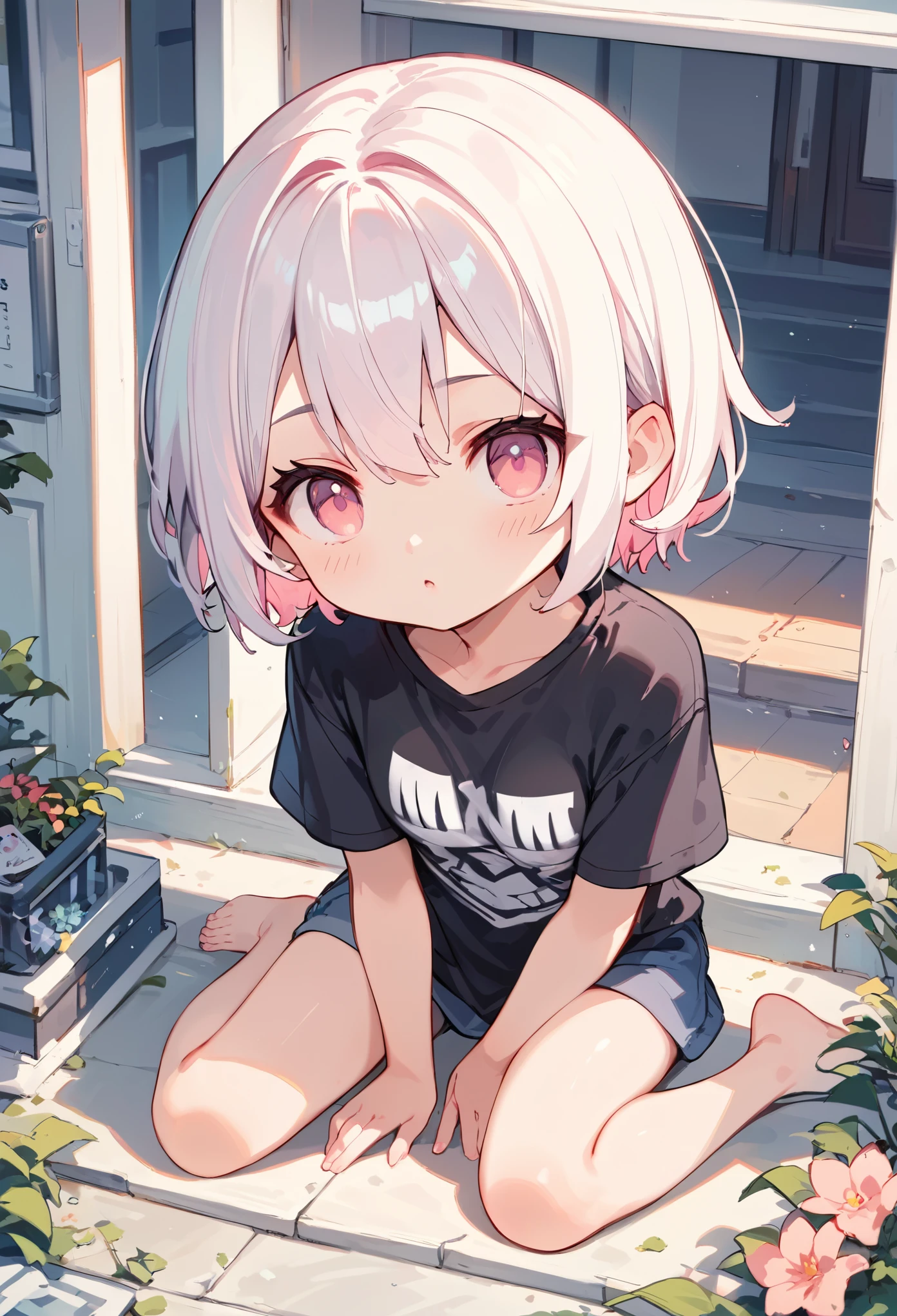 score_9, score_8_up, score_7_up,source_anime, high res image,masterpiece,best quality,girl,cute face,clear skin,chibi,white hair,short hair,pink eyes,t-shirt,inner_pink_hair,