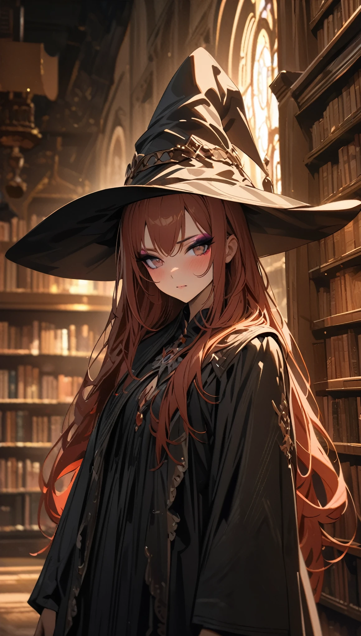 (absurd, high resolution, Extremely detailed), masterpiece, Perfect analysis, Very detailed, Super details, Delicate face, Eyeshadow, reddish hair,Long hair, Library scenery, Black robe, Witch Hat, Depth of Field, Movie Lighting, high resolution, high quality
