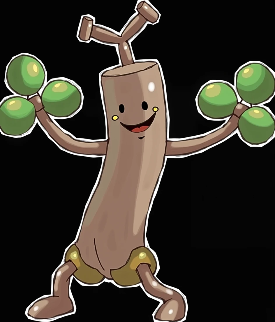 Usopp、Pokémon、Pokémonに似たもの、Hands are green、Has three green maracas、Wooden character、Short legs、Illustrated style、Black small eyes、wide mouth to the side