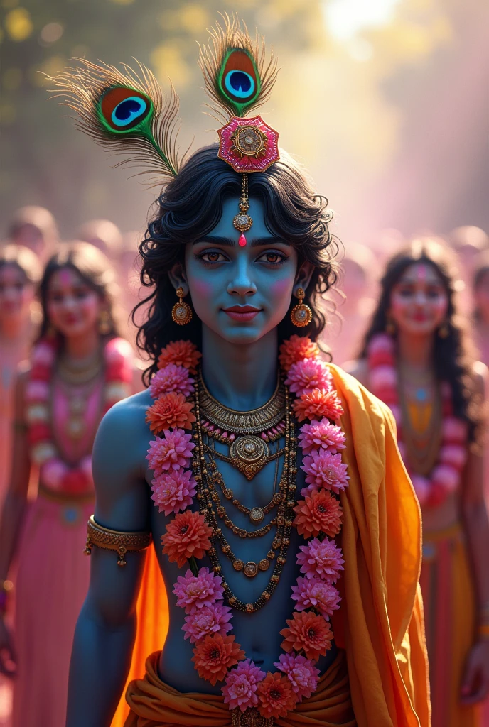 Imagine Lord Krishna, an adult with a dark, radiant complexion that seems to absorb and reflect the essence of the night sky. His serene and charming smile is ever-present, reflecting an inner joy and tranquility. He is adorned with a vibrant flower garland that drapes gracefully around his neck, the colors contrasting beautifully against his skin. On his head, a single, magnificent peacock feather stands tall, its iridescent hues shimmering in the light.
The scene around him is a lively celebration of Holi, with Gopis—the devoted female companions—engaged in playful revelry. They are covered in a riot of colors, their laughter and joyous shouts filling the air. The Gopis, dressed in colorful traditional attire, dance and playfully toss colored powders, their movements graceful and animated. Krishna stands at the center, a calm and delightful presence amidst the chaos, his smile radiating warmth and divine charm as he revels in the exuberance of the festival.