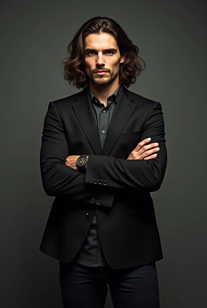 Ben Barnes, sem beard, long  hair, standing with arms crossed at 20 years old