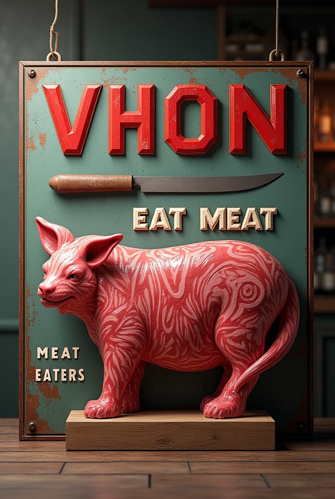 vintage signage of a meat with a frozen meat art
concept and a butcher knife in the background
and name it VHON and had a slogan of MEAT EATERS EAT MEAT