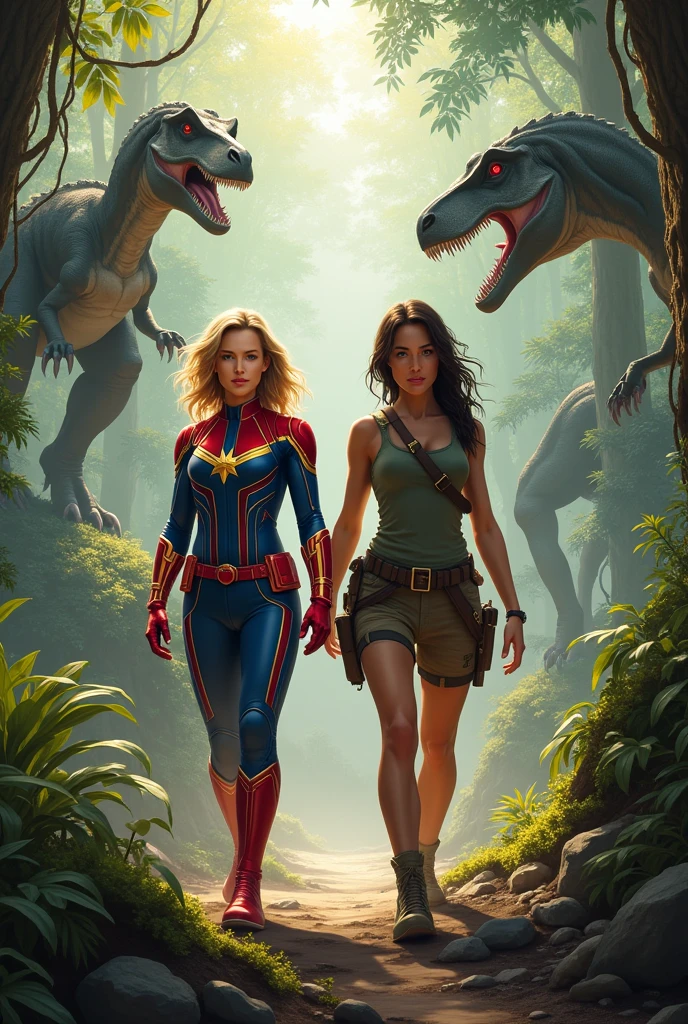 Captain Marvel and Lara Croft in a adventure on jungle with dinosaurs around